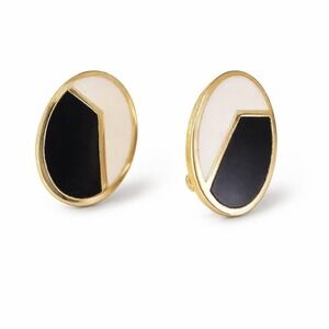 Vintage Black & White Geometric Clip-On Earrings Gold Tone Modern Statement
